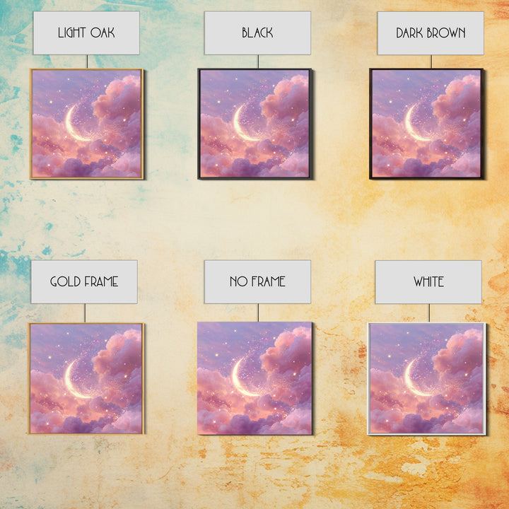 Glowing Crescent Moon In Pink Clouds Wall Art, Celestial Nursery Decor, Dreamy Space Art Print, Whimsical Bedroom Decor Gift