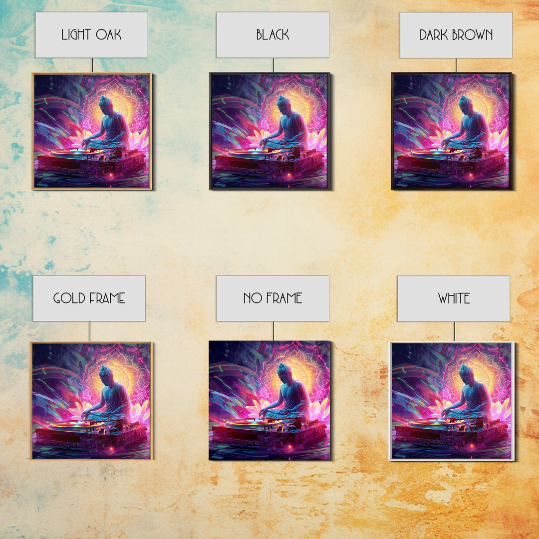 Meditative Buddha DJ Neon Wall Art Canvas Print, Psychedelic Spiritual Music Poster For Gaming Room And Modern Decor