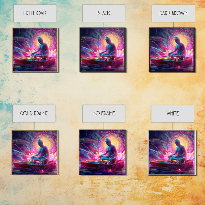 Meditative Buddha DJ Neon Wall Art Canvas Print, Psychedelic Spiritual Music Poster For Gaming Room And Modern Decor