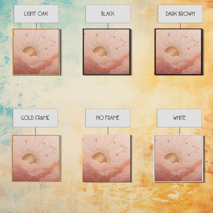 Boho Golden Sun Over Pink Clouds Wall Art, Celestial Sun And Moon Print, Warm Neutral Nursery Decor, Above Bed Decor Gift