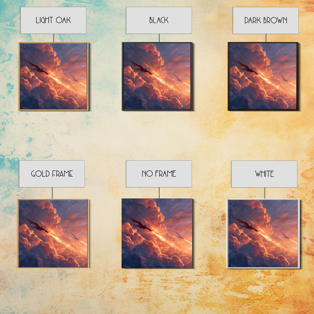 Dragons Blazing Through Sunset Clouds Wall Art, Fantasy Canvas Print, Fiery Sky Decor, Epic Mythical Adventure Artwork For Office