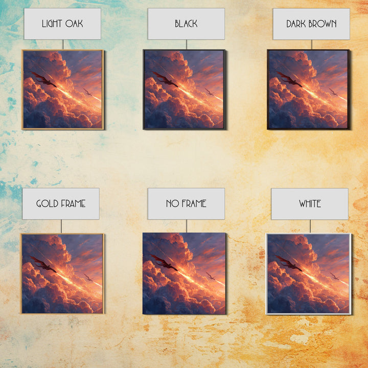 Dragons Blazing Through Sunset Clouds Wall Art, Fantasy Canvas Print, Fiery Sky Decor, Epic Mythical Adventure Artwork For Office