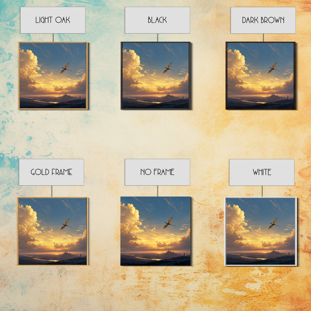 Lone Dragon Over Golden Horizon Wall Art, Fantasy Landscape Canvas Print, Sunset Castle Decor, Serene Coastal Artwork For Living Room