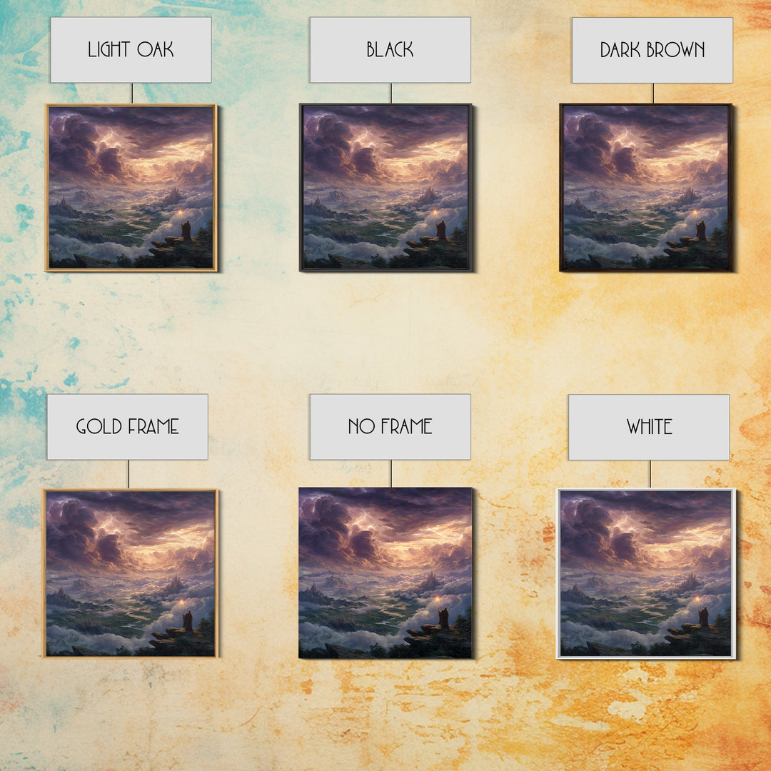 Storm Wizard Over Cloud Kingdom Wall Art, Epic Fantasy Landscape Canvas Print, Dark Academia Office Decor, Large Gift For Him