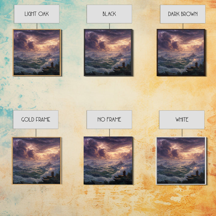 Storm Wizard Over Cloud Kingdom Wall Art, Epic Fantasy Landscape Canvas Print, Dark Academia Office Decor, Large Gift For Him