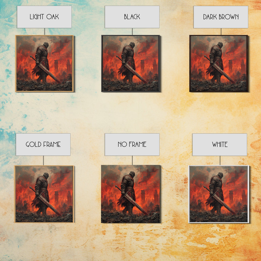 Armored Knight In Burning Battlefield Wall Art, Dark Fantasy Canvas Print, Medieval Warrior Decor, Gothic Game Room Art Print