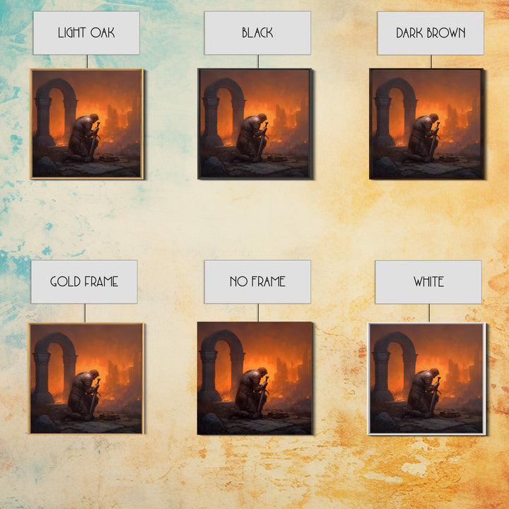 Knight Praying Beside Sword In Burning Ruins, Dark Fantasy Wall Art, Medieval Canvas Print, Gothic Castle Decor Gift For Him