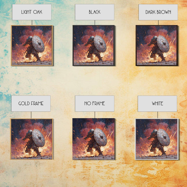 Shielded Knight Charging Through Exploding Fire, Dark Fantasy Wall Art, Medieval Battle Canvas Print, Gothic Game Room Decor