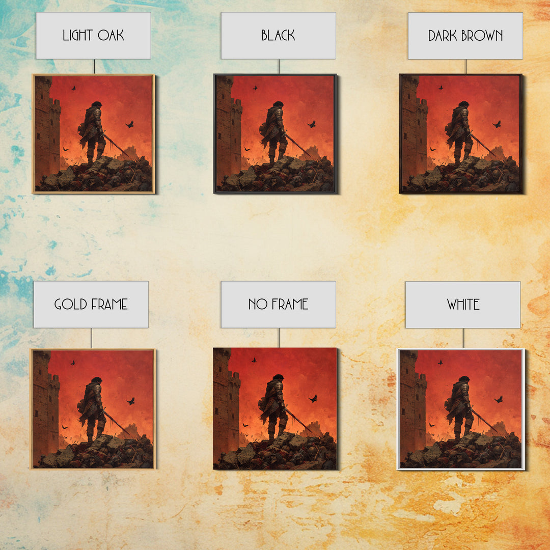 Lone Medieval Warrior On Red Battlefield Wall Art, Dark Fantasy Castle Canvas, Gothic Knight Decor, Dramatic Game Room Print