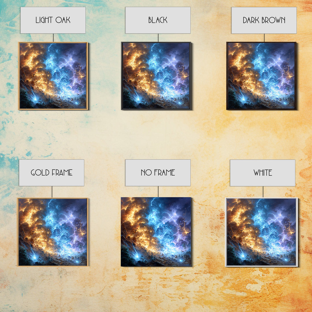 Blue And Gold Elemental Storm Battle Wall Art, Fantasy Canvas Print, Lightning Fire Landscape, Dramatic Gamer Room Decor