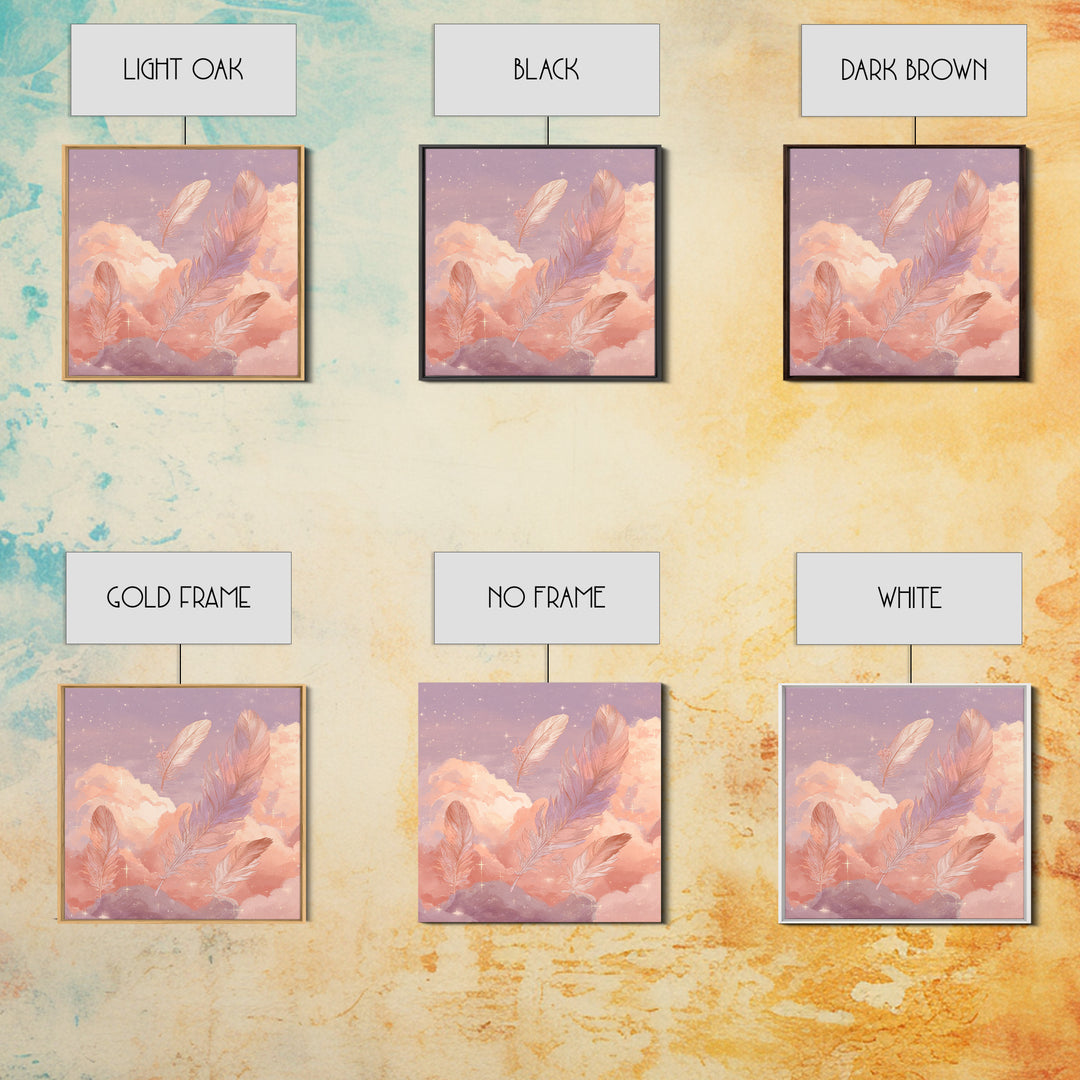 Pink Feathers Floating In Peach Clouds Canvas Print, Celestial Wall Decor, Dreamy Pastel Nursery Art, Whimsical Gift For Her