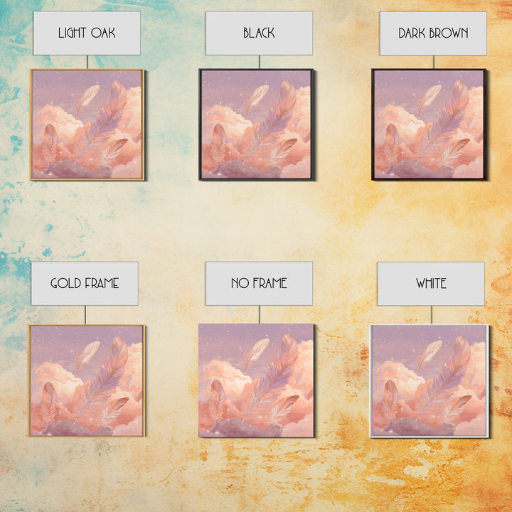 Pink Feathers Floating In Peach Clouds Canvas Print, Celestial Wall Decor, Dreamy Pastel Nursery Art, Whimsical Gift For Her