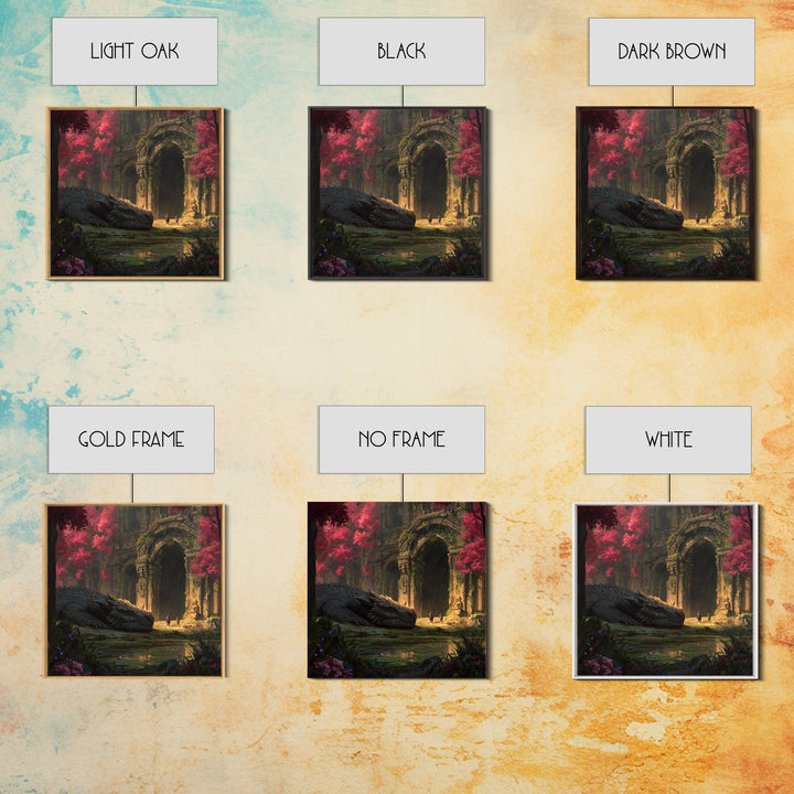 Sleeping Dragon In Crimson Forest Ruins Wall Art, Fantasy Canvas Print, Gothic Garden Decor, Mythical Adventure Gift For Her