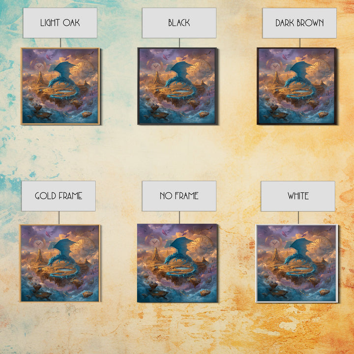 Blue Dragon Over Floating Clockwork Islands Wall Art, Epic Fantasy Canvas Print, Surreal Sky Castle Gaming Room Decor Gift