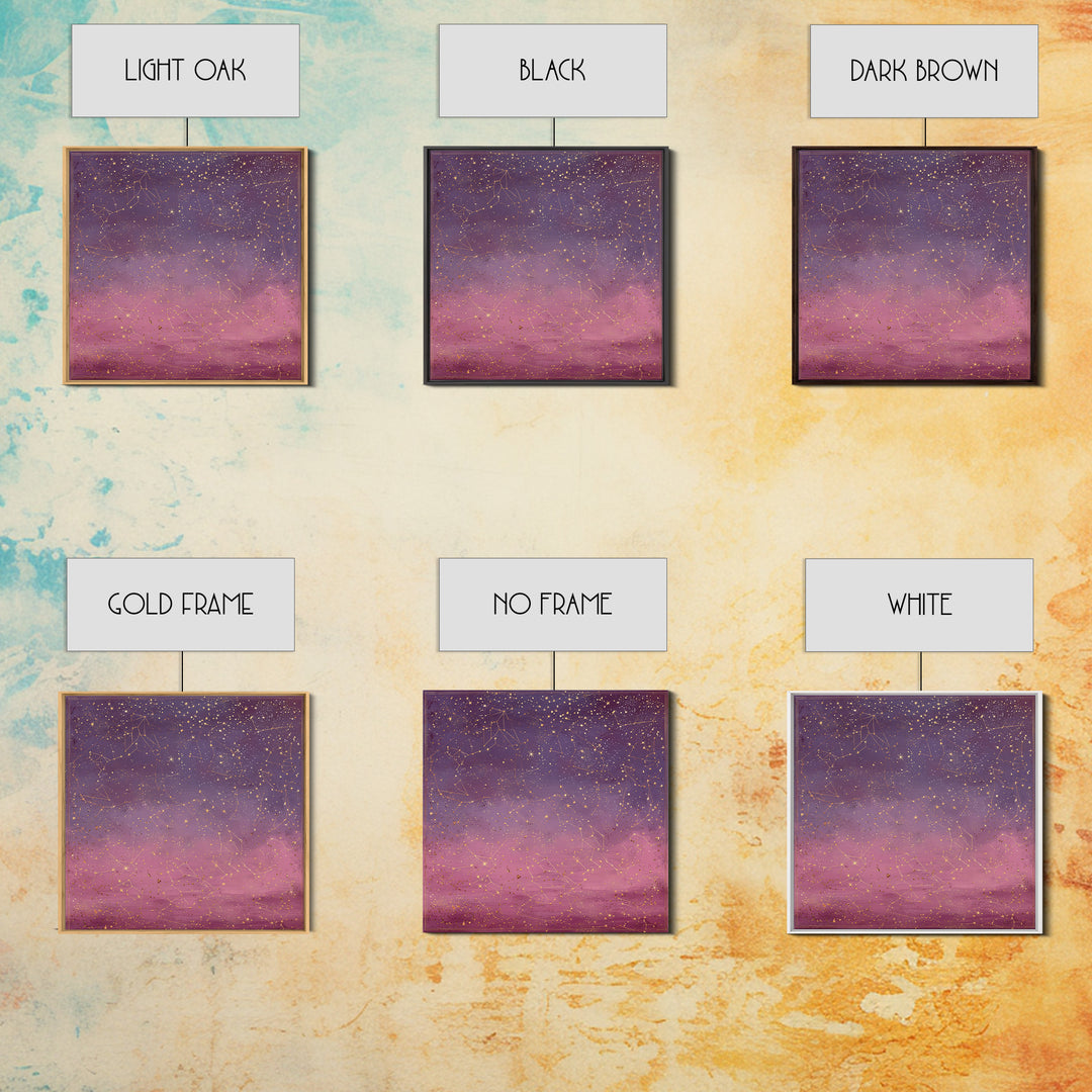 Golden Zodiac Constellation Sky Wall Art, Astrology Poster, Celestial Wall Decor, Mystical Purple Bedroom Art Print Gift
