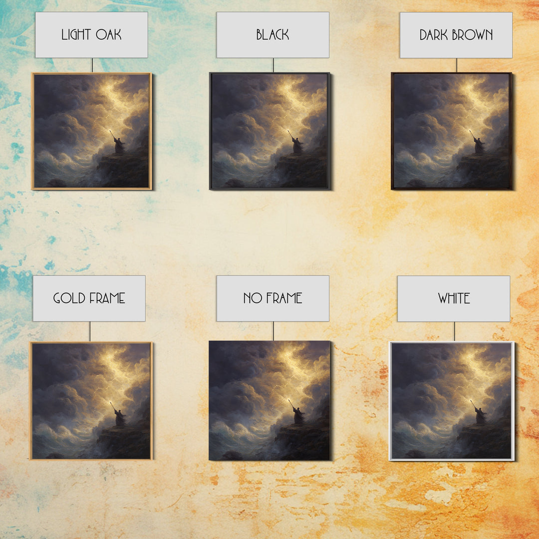 Golden Lightning Wizard Seascape Wall Art, Stormy Ocean Framed Canvas Print, Mythological Fantasy Decor, Moody Fine Art Gift