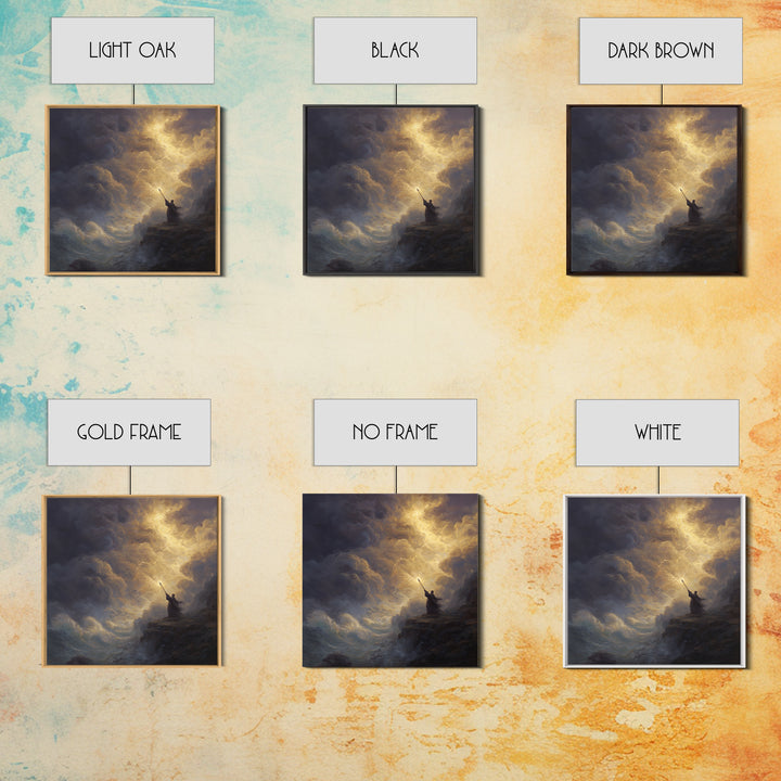 Golden Lightning Wizard Seascape Wall Art, Stormy Ocean Framed Canvas Print, Mythological Fantasy Decor, Moody Fine Art Gift