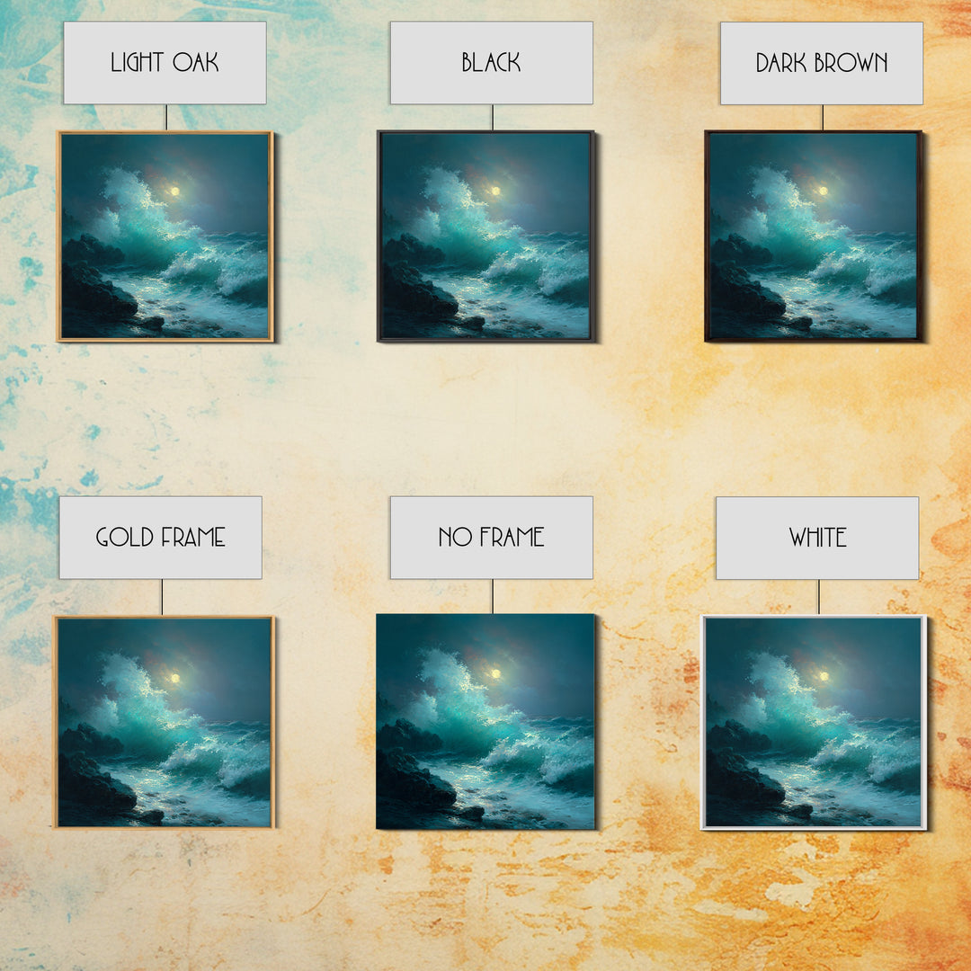 Moonlit Turquoise Wave Seascape Wall Art, Ocean Canvas Print, Coastal Bathroom Decor, Nautical Living Room Art Gift For Beach House
