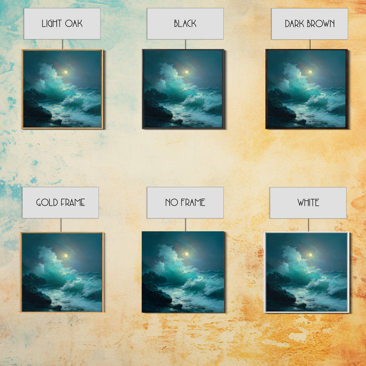 Moonlit Turquoise Wave Seascape Wall Art, Ocean Canvas Print, Coastal Bathroom Decor, Nautical Living Room Art Gift For Beach House