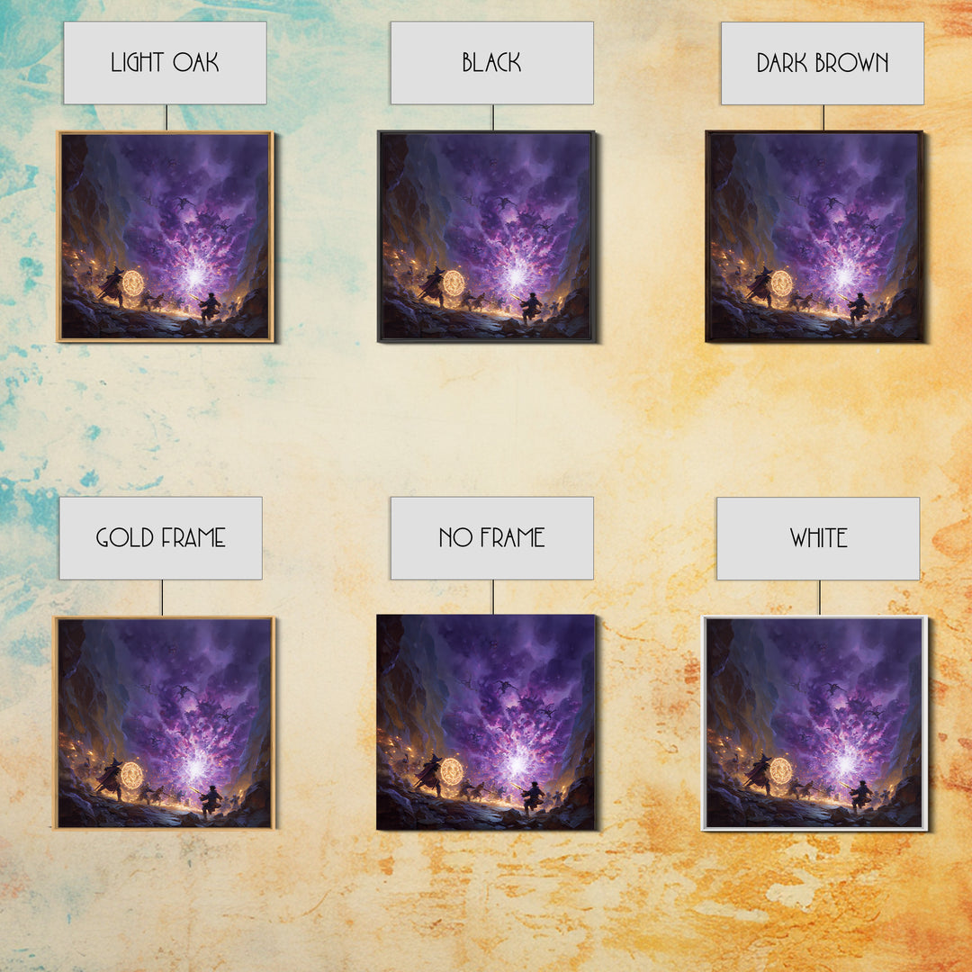 Wizard Party Fighting Purple Demon Portal Wall Art, Dark Fantasy Canvas Print, Dungeons And Dragons Game Room Decor Gift