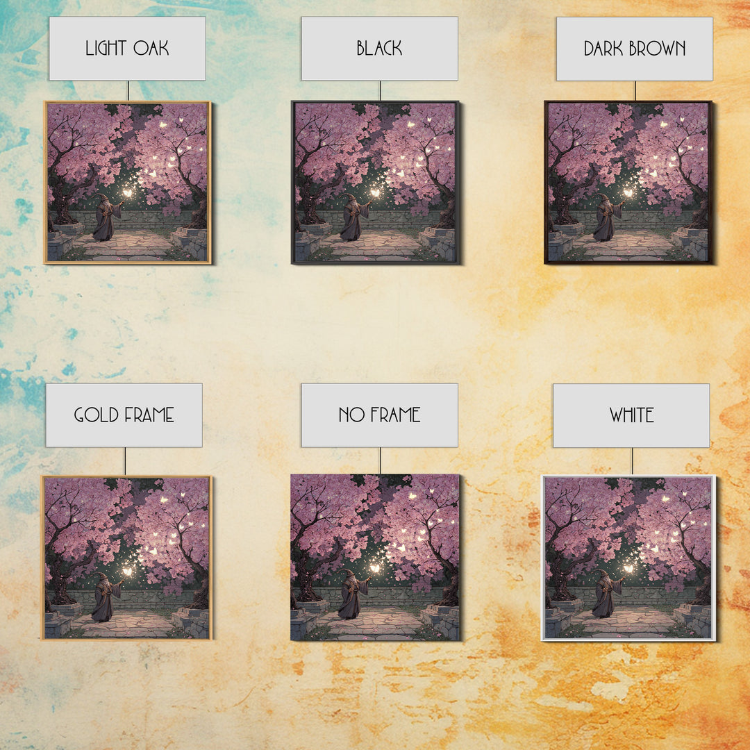 Wizard Casting Light Beneath Cherry Blossoms Canvas Print, Fantasy Wall Art, Pink Floral Magical Garden Home Decor, Unique Gift
