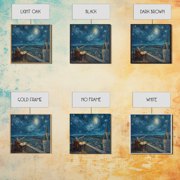 Starry Astronomer Tower Wall Art, Van Gogh Style Canvas Print, Celestial Medieval City Decor, Astronomy Gift For Office Decor