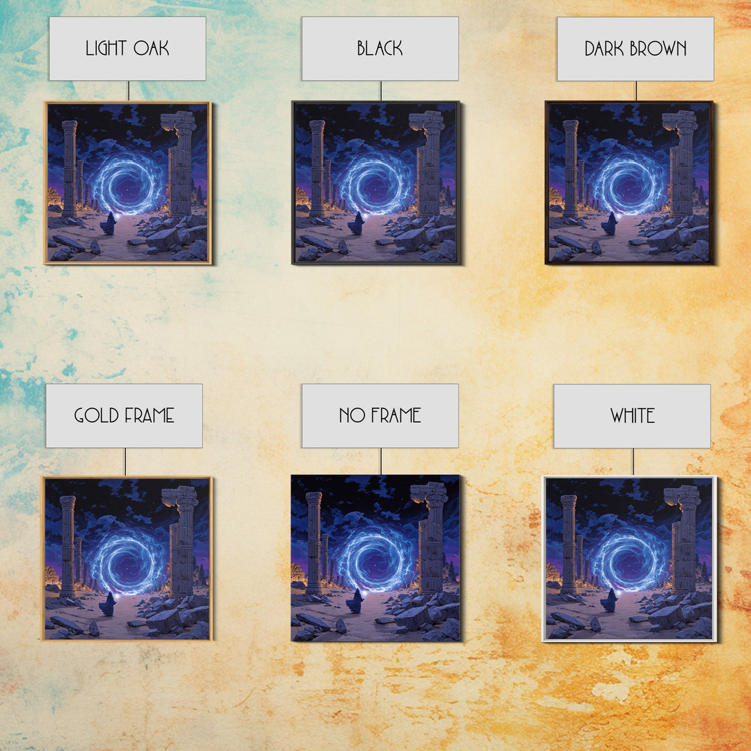 Ancient Ruins Magic Portal Wall Art, Blue Fantasy Canvas Print, Mystical Wizard Decor, Surreal Game Room Or Home Office Gift