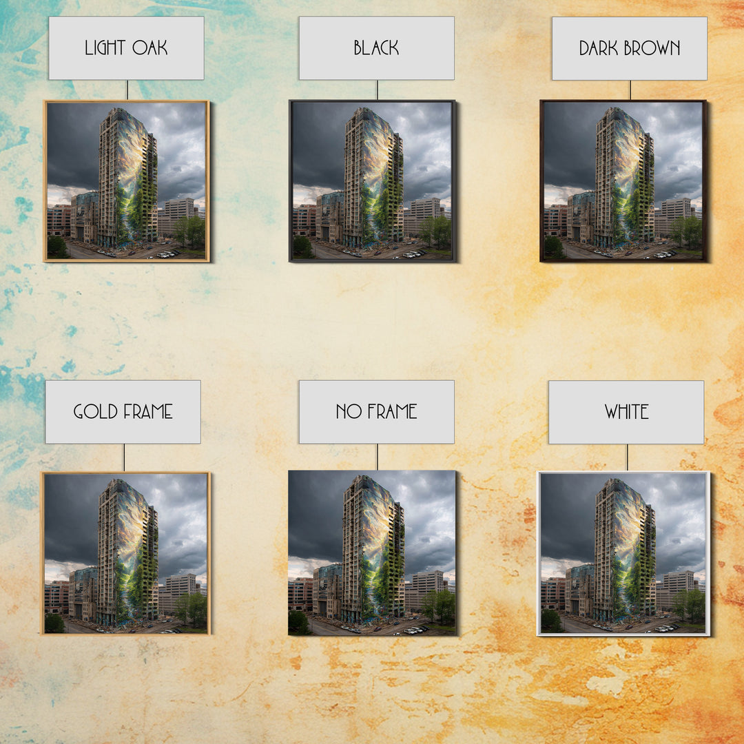 Stormy City Tower With Nature Mural Canvas Print, Urban Architecture Wall Art, Surreal Street Art, Modern Office Decor For Loft