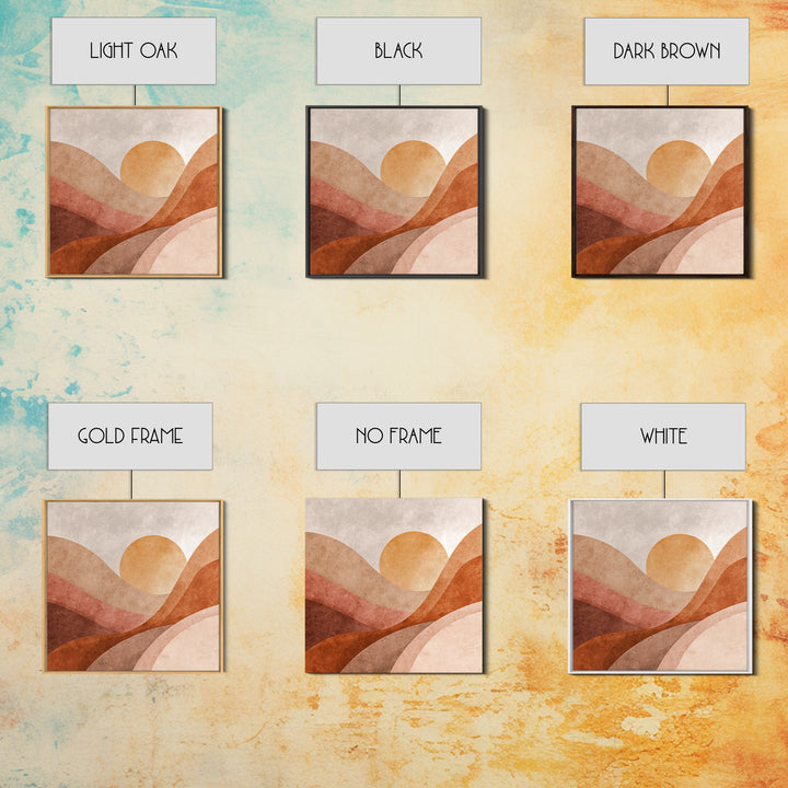 Terracotta Sun Over Abstract Hills Framed Canvas Print, Earth Tone Wall Art For Modern Home Decor And Living Room Wall Decor