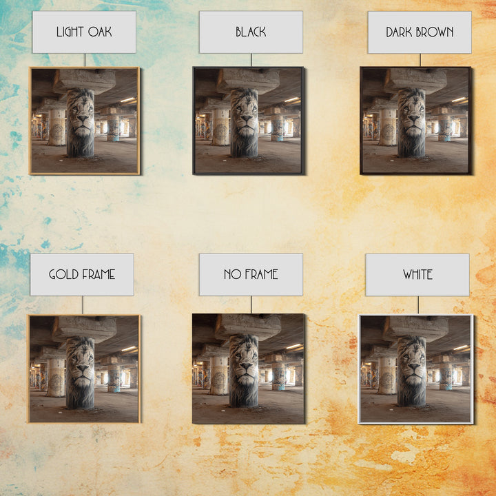 Realistic Lion Portrait On Concrete Pillar Wall Art, Urban Wildlife Canvas Print, Graffiti Decor For Office And Man Cave