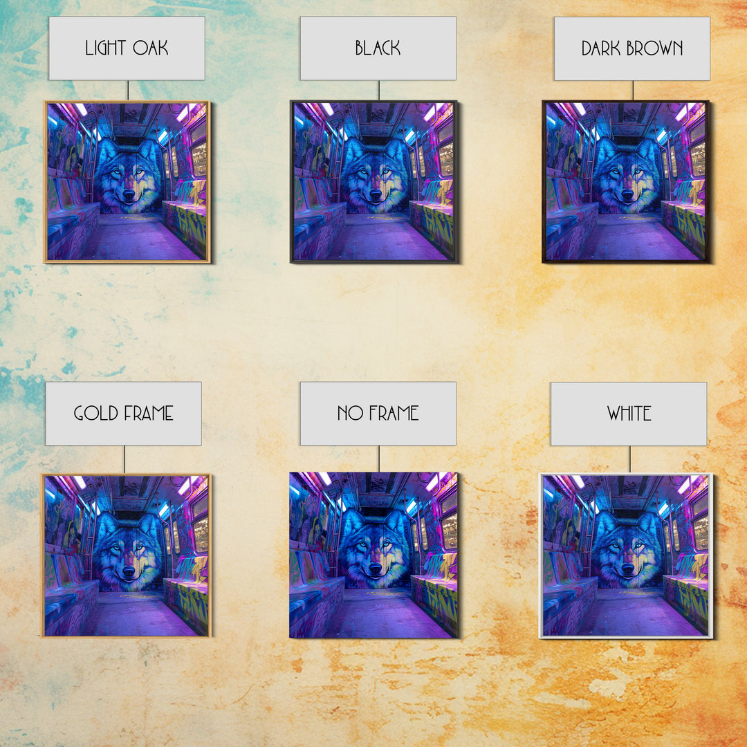 Neon Blue Wolf Subway Canvas Print, Cyberpunk Graffiti Animal Wall Decor, Urban Street Art, Gamer Room Statement Art Gift