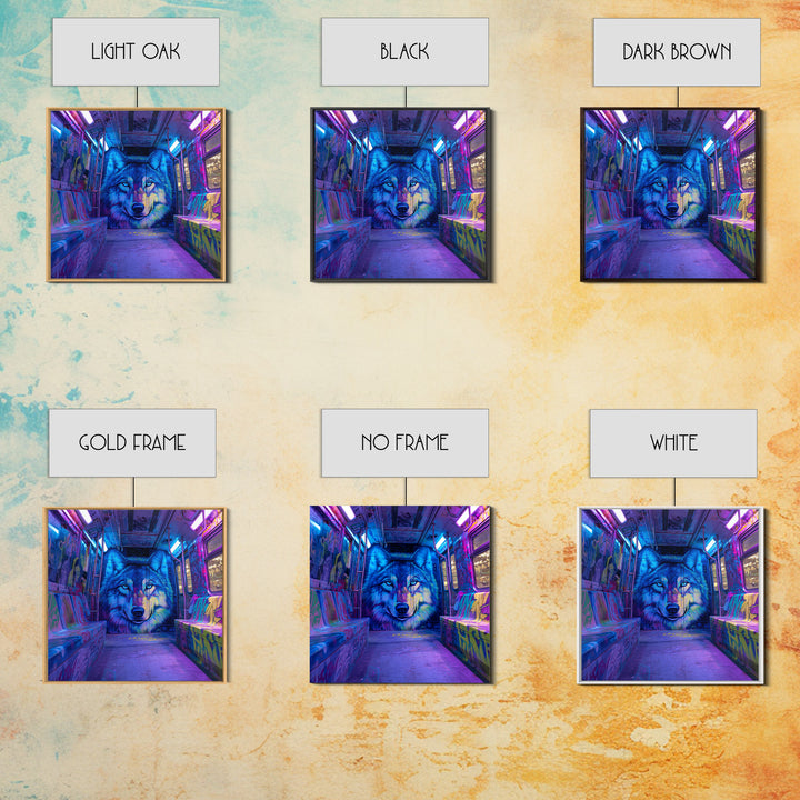 Neon Blue Wolf Subway Canvas Print, Cyberpunk Graffiti Animal Wall Decor, Urban Street Art, Gamer Room Statement Art Gift