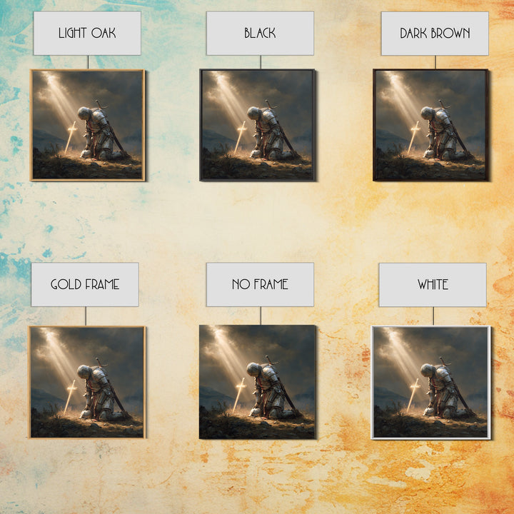Kneeling Knight Before Glowing Cross Wall Art, Medieval Christian Painting, Inspirational Faith Decor, Gift For Men Poster