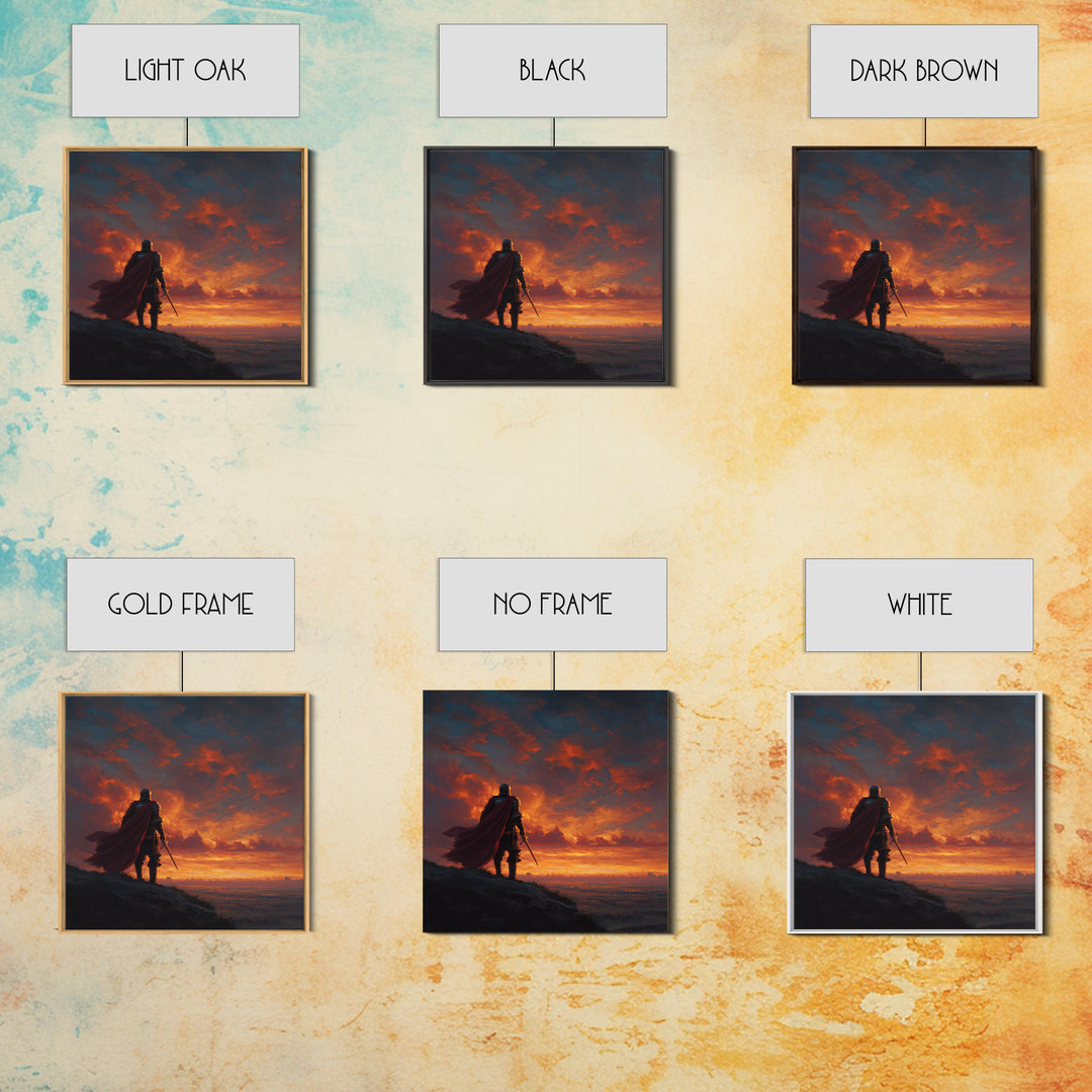 Lone Knight At Fiery Sunset Wall Art, Medieval Fantasy Warrior Canvas Print, Dramatic Landscape For Masculine Home Decor