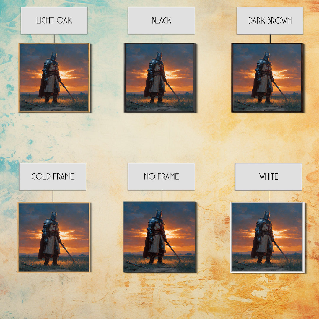 Medieval Knight At Sunset Framed Canvas Print, Crusader Wall Art, Fantasy Warrior Decor, Masculine Office Art, Gift For Him