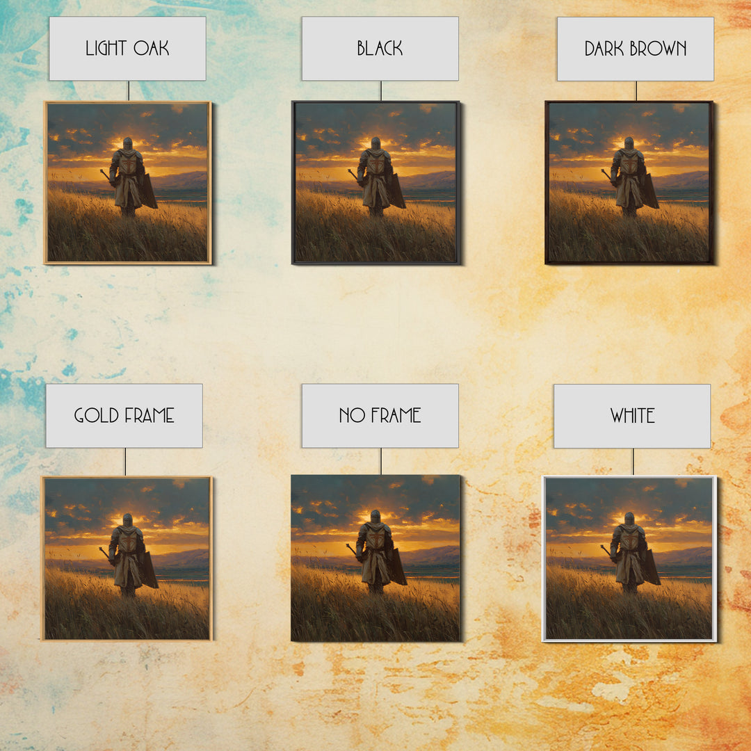 Lone Knight Sunset Field Canvas Print, Medieval Landscape Wall Art, Fantasy Warrior Decor, Rustic Home Decor, Gift For Him