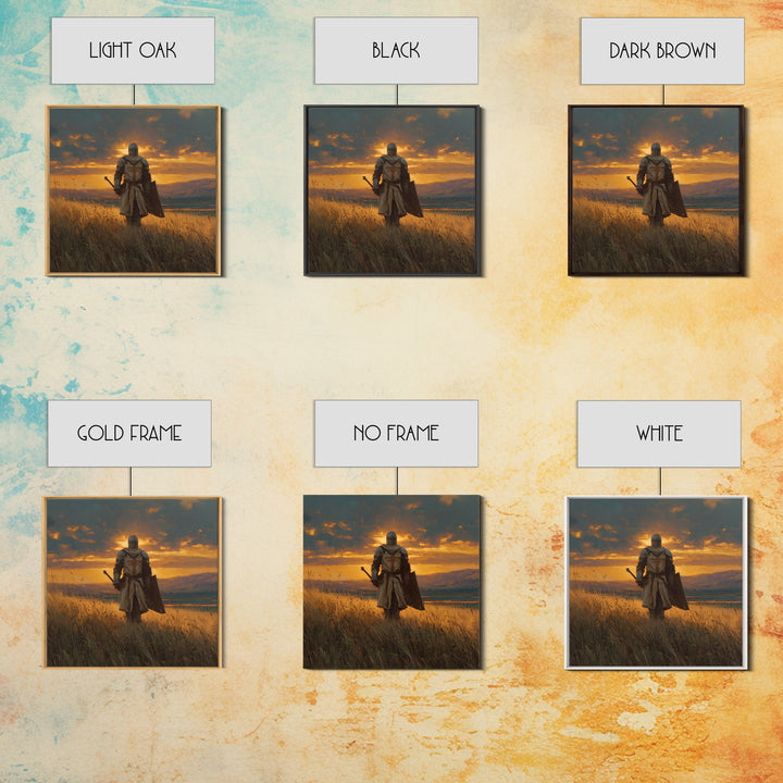 Lone Knight Sunset Field Canvas Print, Medieval Landscape Wall Art, Fantasy Warrior Decor, Rustic Home Decor, Gift For Him