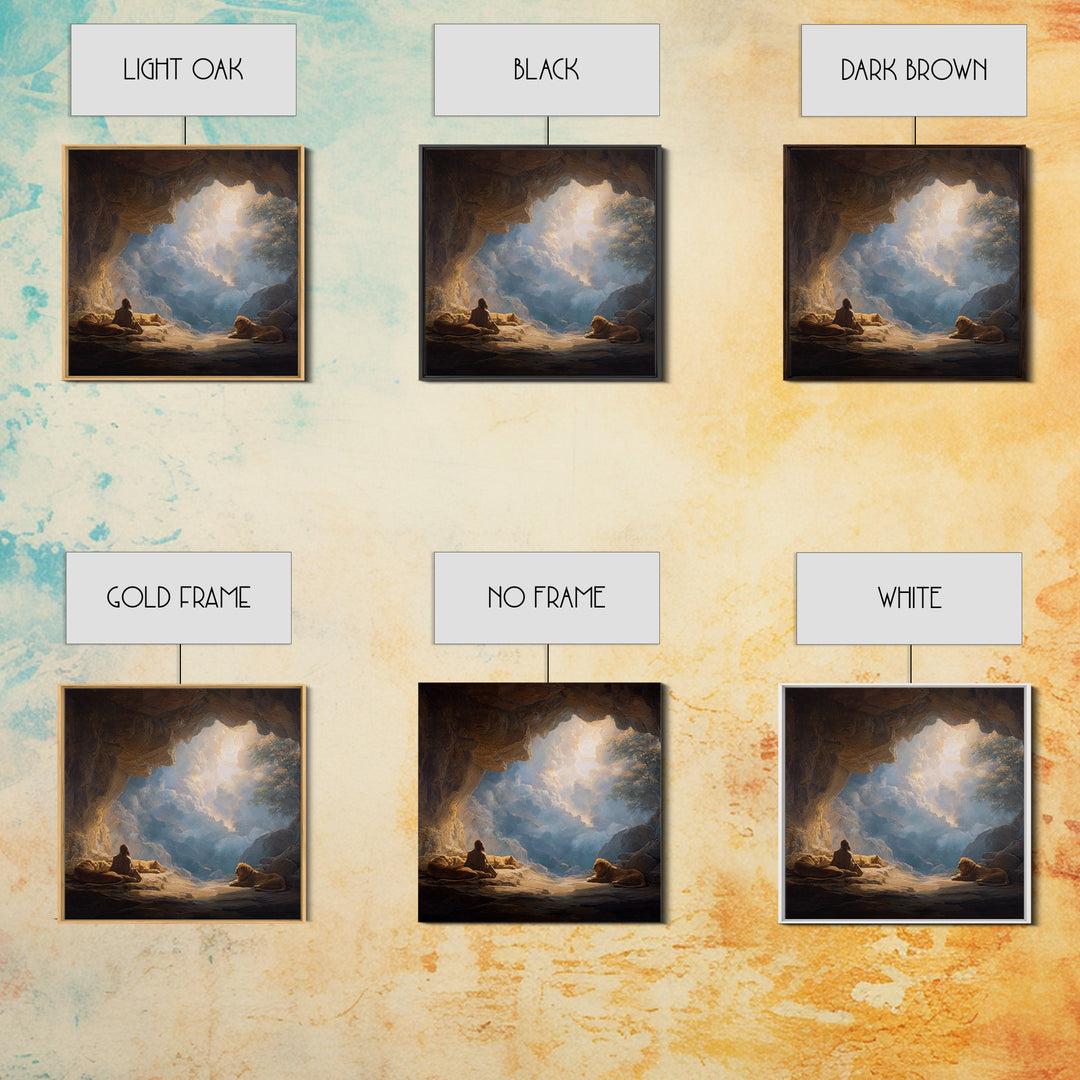 Cave Sanctuary With Lions And Heavenly Clouds Wall Art, Fantasy Landscape Canvas, Spiritual Home Decor, Mystical Gift Print