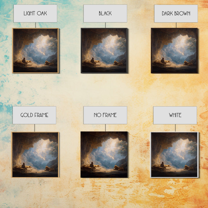 Cave Sanctuary With Lions And Heavenly Clouds Wall Art, Fantasy Landscape Canvas, Spiritual Home Decor, Mystical Gift Print