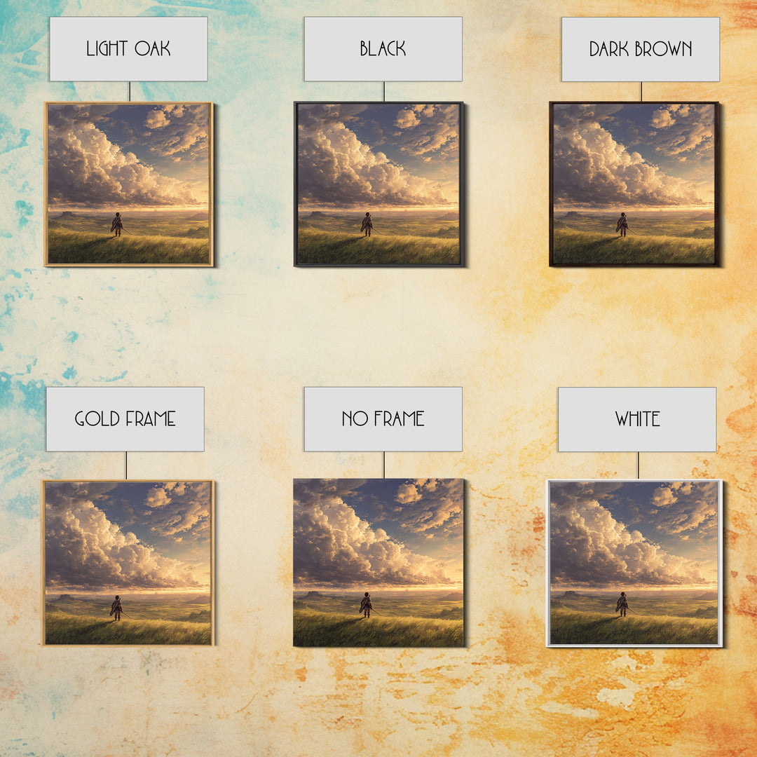 Lone Traveler Under Golden Clouds Wall Art, Fantasy Landscape Painting, Adventure Canvas Print For Bedroom And Living Room Decor