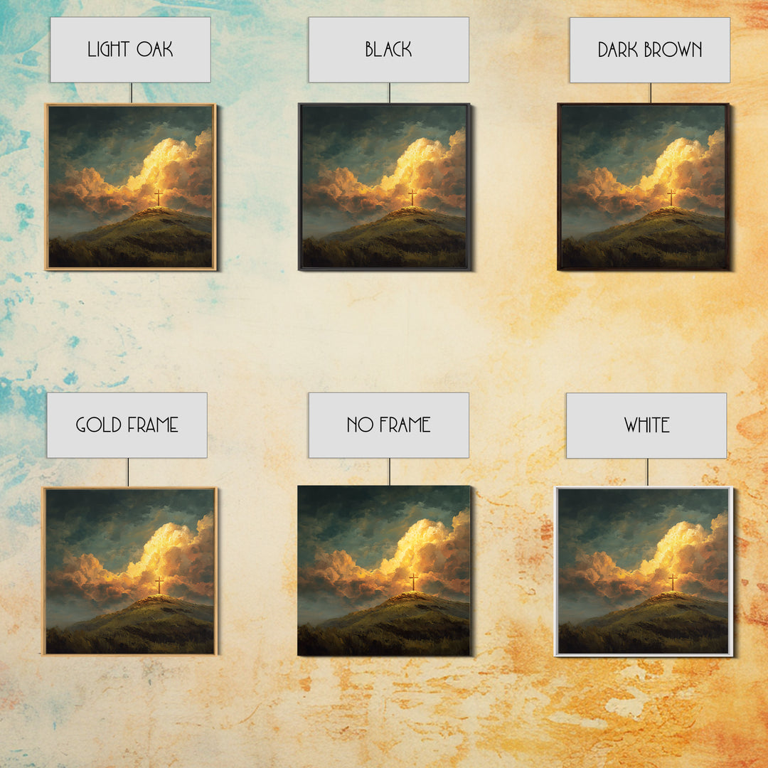 Glowing Cross On Hilltop Wall Art, Christian Landscape Canvas Print, Inspirational Clouds, Religious Home Decor Gift For Her