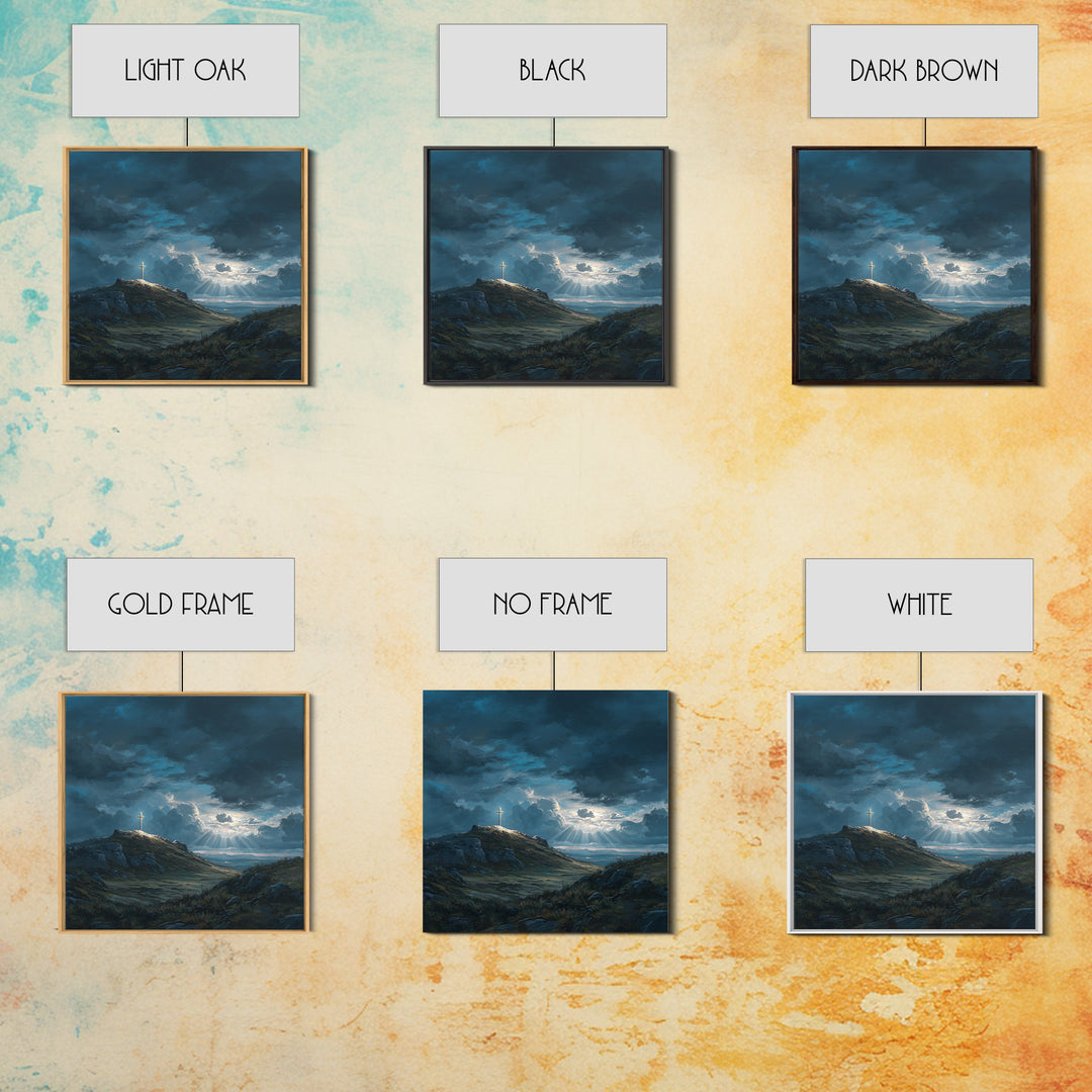 Glowing Cross On Stormy Hill Wall Art, Dramatic Christian Landscape Painting For Prayer Room Decor And Spiritual Gift Idea