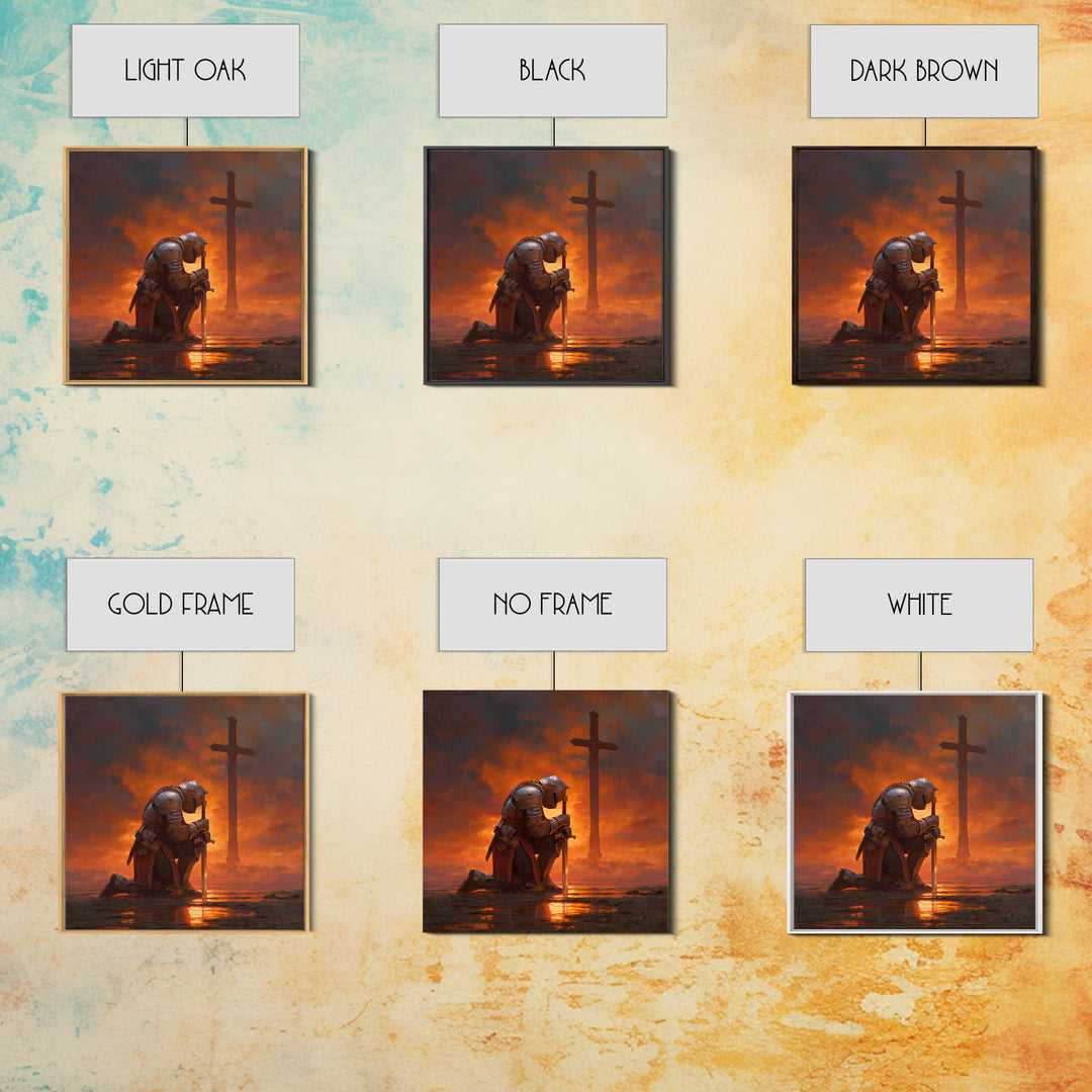 Kneeling Crusader Before Cross At Fiery Sunset Wall Art, Christian Canvas Print, Medieval Decor, Inspirational Gift For Him