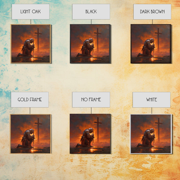 Kneeling Crusader Before Cross At Fiery Sunset Wall Art, Christian Canvas Print, Medieval Decor, Inspirational Gift For Him