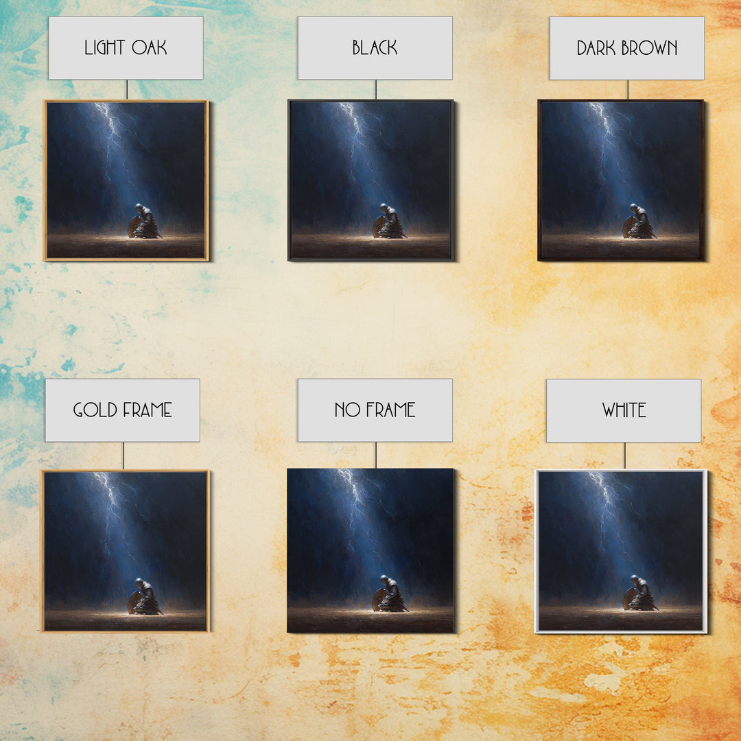 Kneeling Knight In Lightning Storm Wall Art, Dark Fantasy Medieval Canvas, Warrior Prayer Scene, Gothic Home Decor Unique Gift