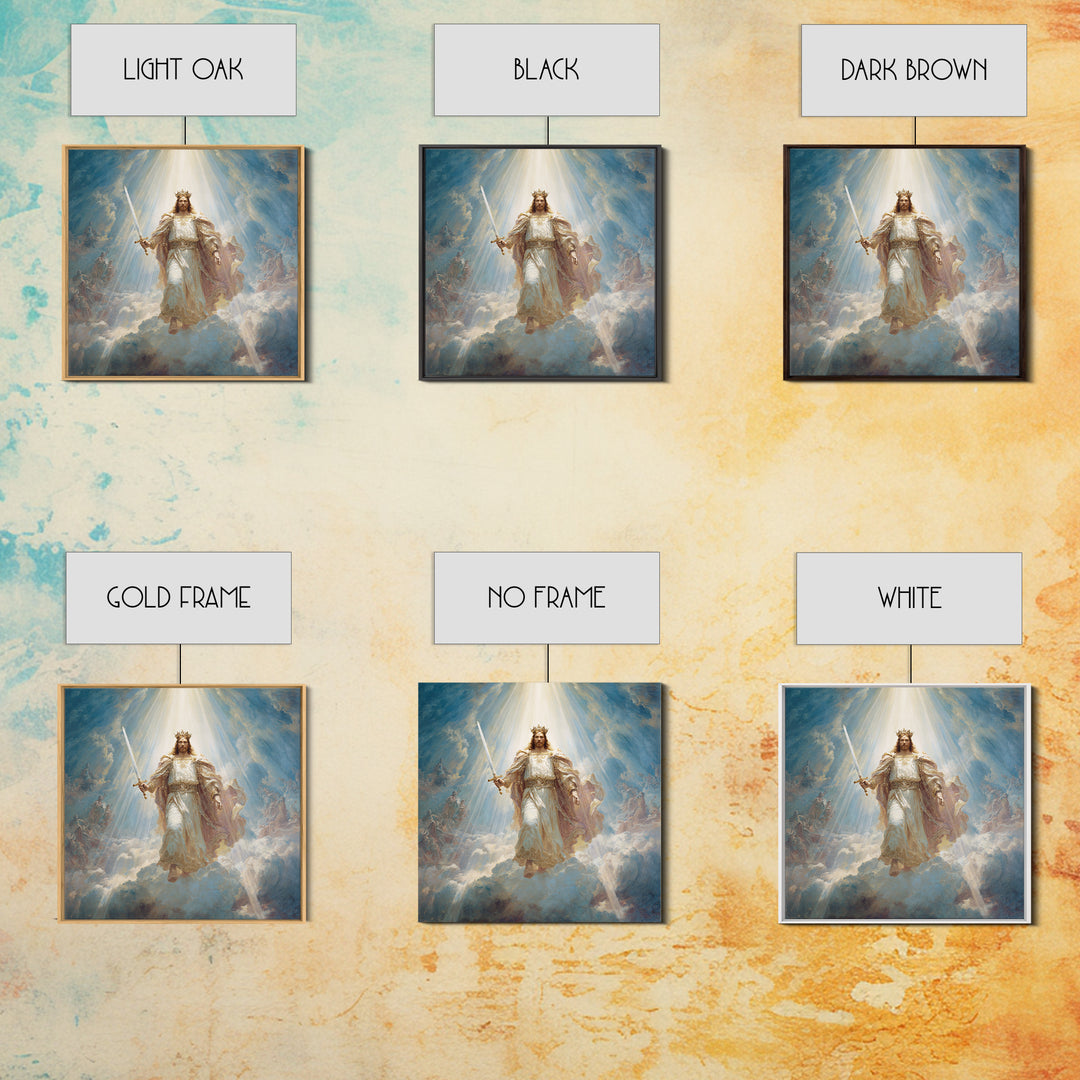 Radiant Jesus Warrior In Clouds Wall Art, Christian Framed Canvas Print, Biblical Religious Home Decor Gift For Prayer Room