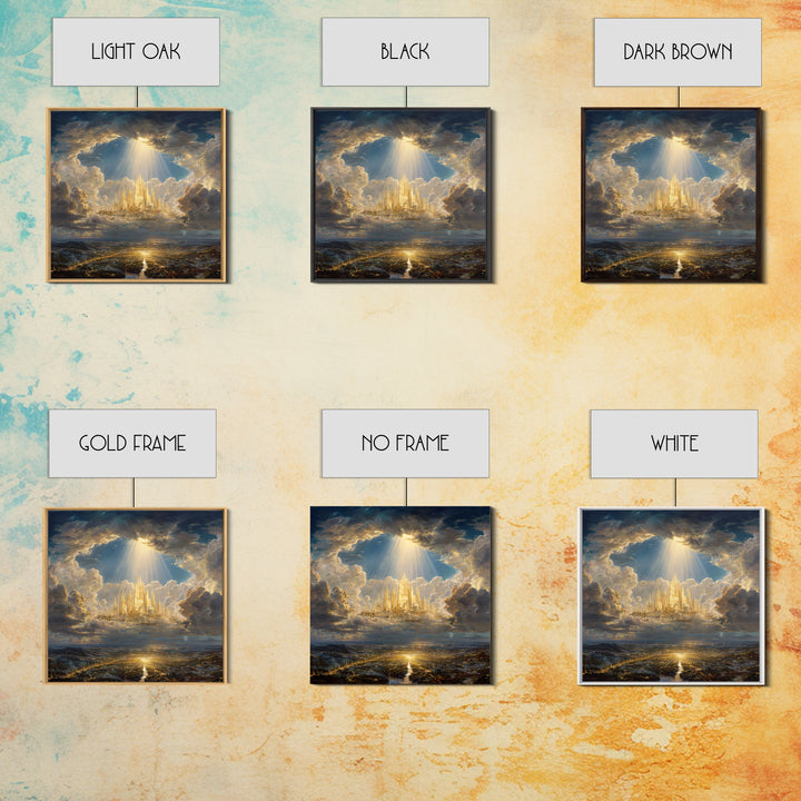 Golden Celestial City Above Clouds Wall Art, Heavenly Fantasy Canvas Print, Spiritual Landscape Decor, Statement Artwork Gift