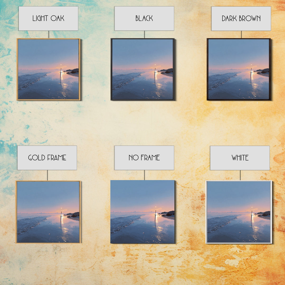 Pastel Beach Sunset With Sword Reflection Wall Art, Coastal Canvas Print, Minimal Ocean Landscape Bedroom Decor Gift For Her