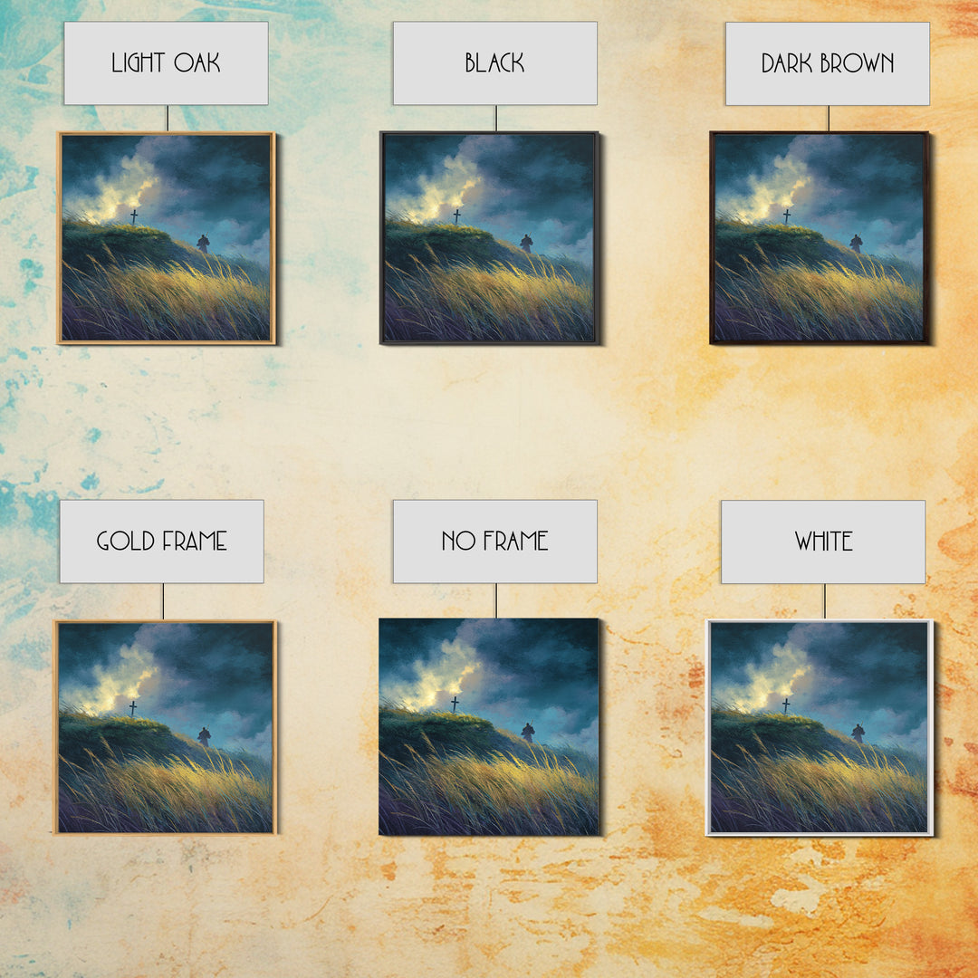 Solitary Pilgrim Near Cross Wall Art, Moody Christian Canvas Print, Windy Grassland, Spiritual Landscape Decor Gift For Him