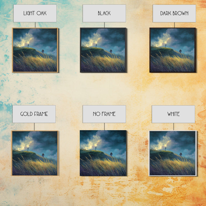 Solitary Pilgrim Near Cross Wall Art, Moody Christian Canvas Print, Windy Grassland, Spiritual Landscape Decor Gift For Him